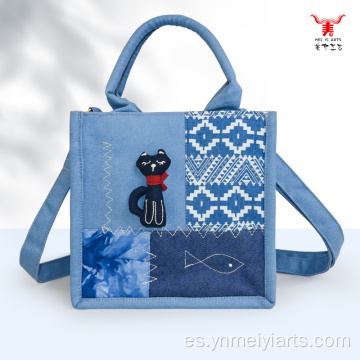 Bolso bandolera de mano de mezclilla con diseño de gato de pie
